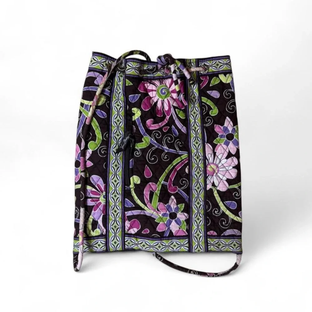 Floral Quilted Drawstring Crossbody Bag - Black & Purple